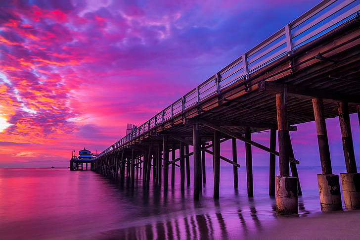 sea dock under cloudy sky, Purple Haze, Malibu Ca, california, HD wallpaper