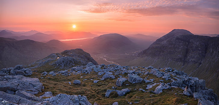 rocky mountains during sunset, Fáilte, gu, Scotland, West Highlands, HD wallpaper