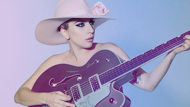 background, guitar, hat, makeup, hairstyle, singer, Lady GaGa, HD wallpaper