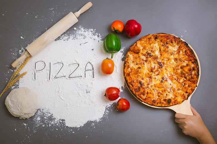 hand, cheese, vegetables, pizza, cakes, flour, the dough, rolling pin, HD wallpaper