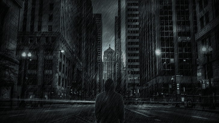 HD wallpaper: dark mood, man, raining, skyscrapers, hoodie, back view, Men  | Wallpaper Flare