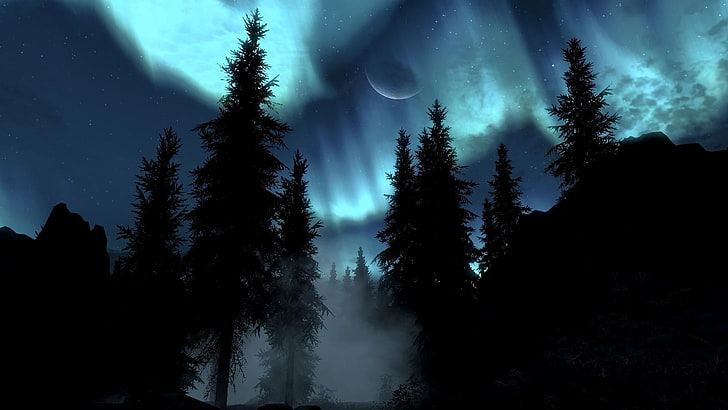 polar lights, aurora, night, fog, Skyrim, forest, nature, tree