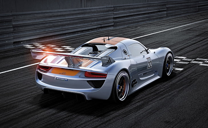 Porsche 918 RSR, silver and orange Porsche Carerra GT, Cars, mode of transportation, HD wallpaper