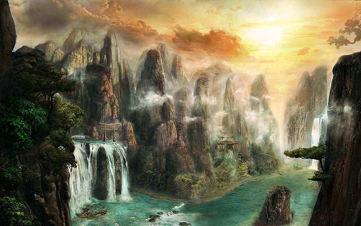 artwork, fantasy art, river, waterfall, mountains, Asian architecture