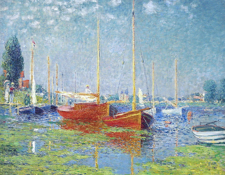 boats near trees and buildings painting, landscape, picture, Claude Monet