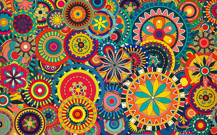 multicolored floral art, colorful, digital art, geometry, circle, HD wallpaper
