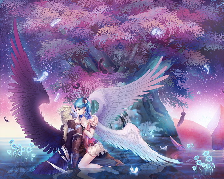 HD wallpaper: blue haired female anime, girl, boy, angel, kiss, salvation,  wings | Wallpaper Flare