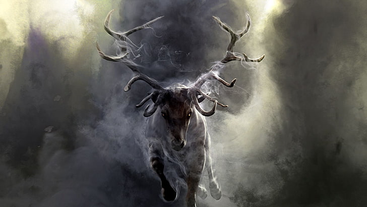 white and black deer illustration, smoke, run, horns, spooky