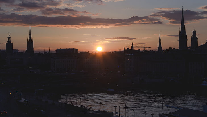 Stockholm, city, Sweden, sunset, clouds, church, street, water, HD wallpaper