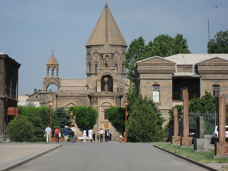 brown concrete church, armenia, echmiadzin, vagharshapat, people