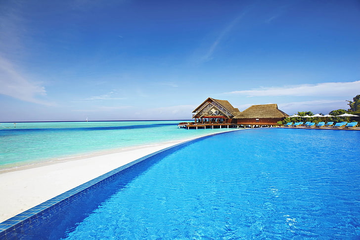 brown house, horizon, sea, swimming pool, tropical, Maldives