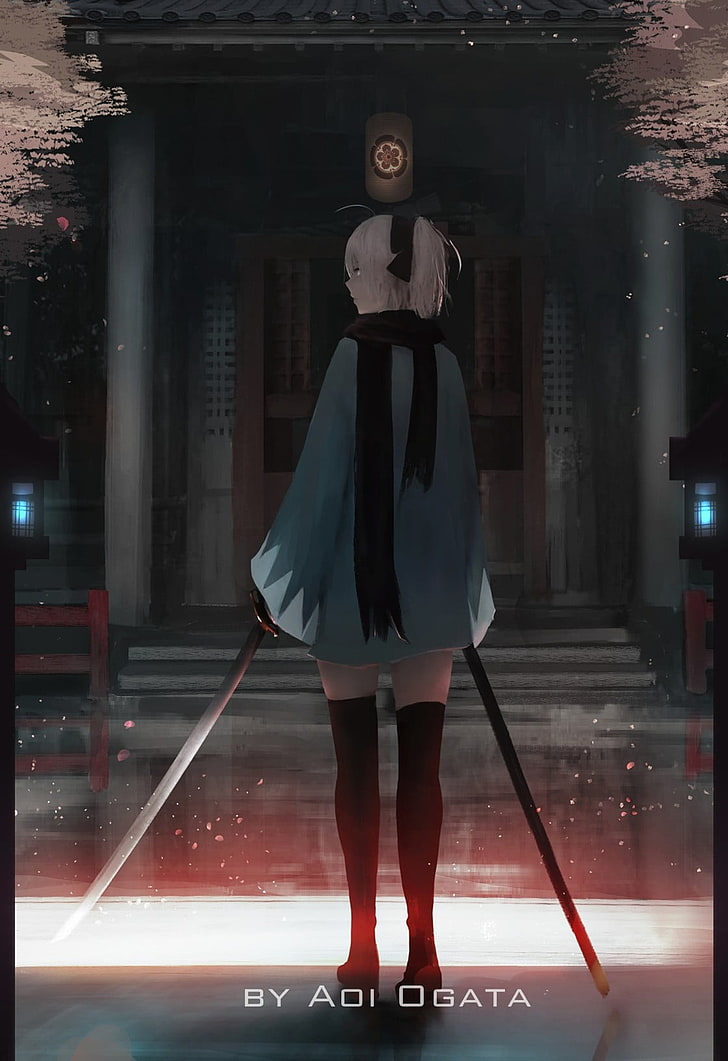 female anime character with sword, Aoi Ogata, artwork, women