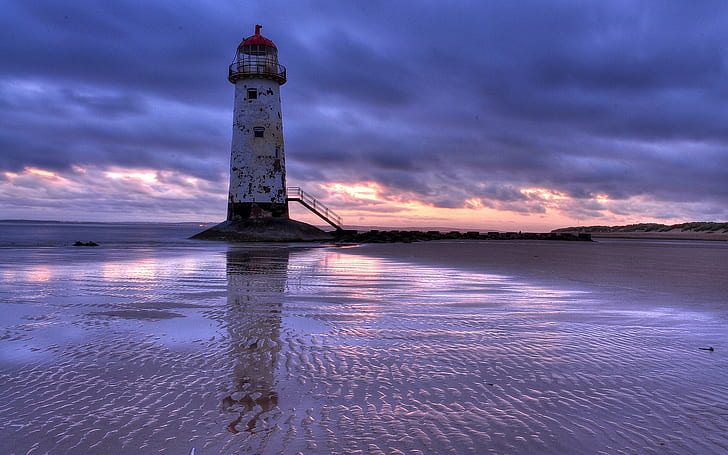 United Kingdom, Wales, lighthouse, sea, beach, evening, sunset, clouds, HD wallpaper
