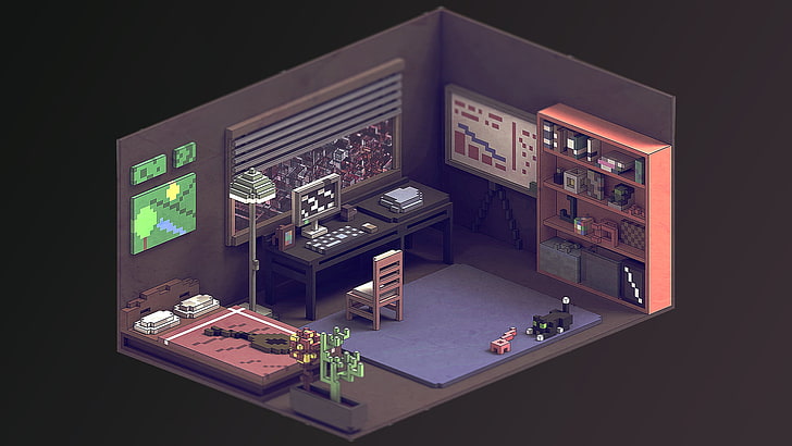black furniture bedroom set, voxels, no people, indoors, high angle view
