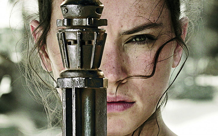 green eyes, Rey (from Star Wars), depth of field, long hair
