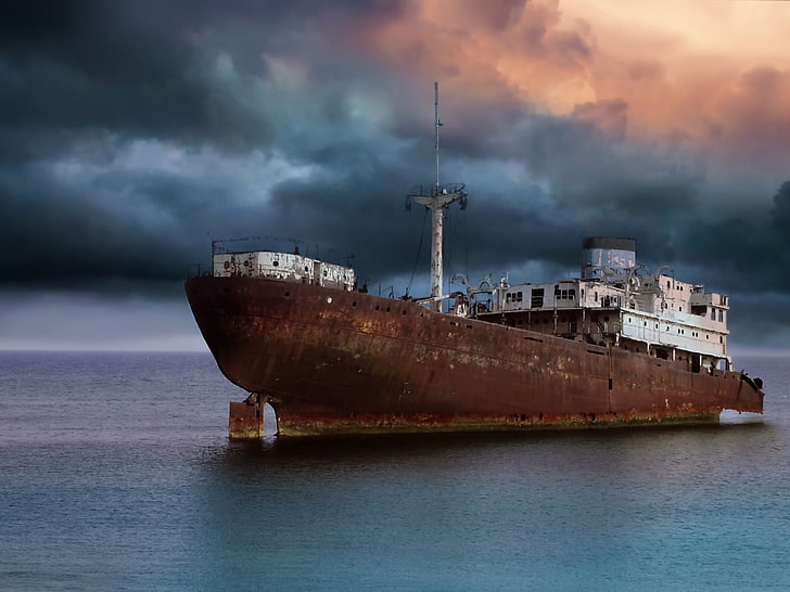 wreck, ship, nautical vessel, water, transportation, sea, sky