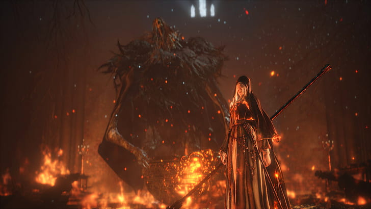 fire, Father Ariandel and Sister Friede, Dark Souls II, depth of field, HD wallpaper