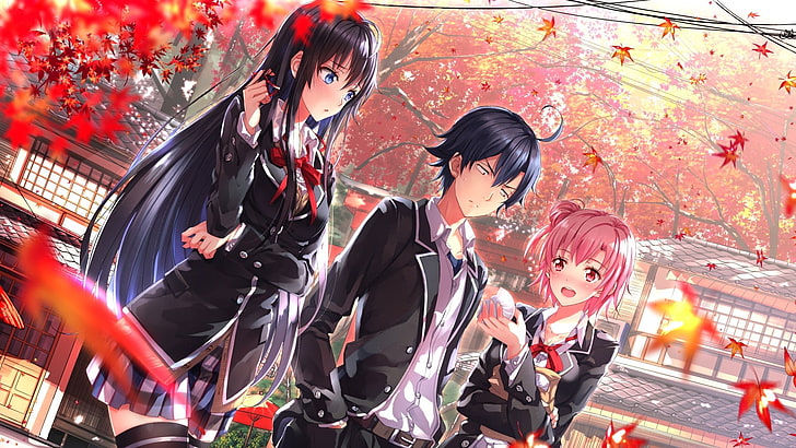 three anime characters illustration, two female and male anime characters 3D wallpaper