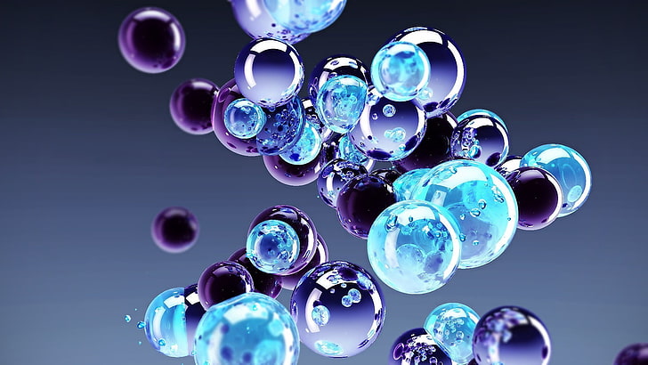 purple bubbles digital wallpaper, sphere, abstract, 3D, blue