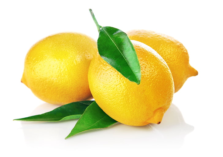 three ripe yellow lemons, leaf, citrus Fruit, freshness, food, HD wallpaper