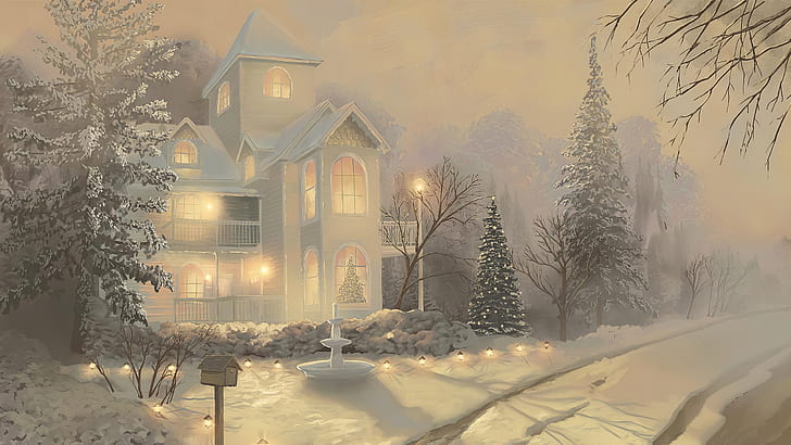 house, Victorian, Christmas, snow, winter, landscape, painting, HD wallpaper