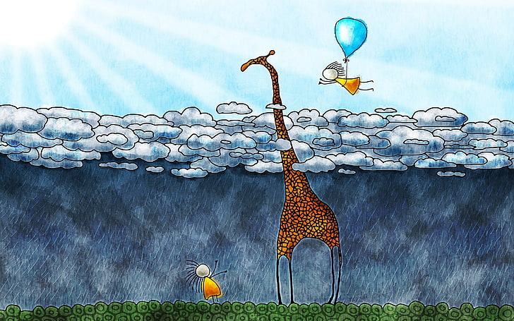 giraffe two boy and clouds painting, artwork, anime, balloon, HD wallpaper