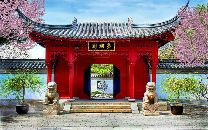 Temple Gate, trees, religious, architecture, animals