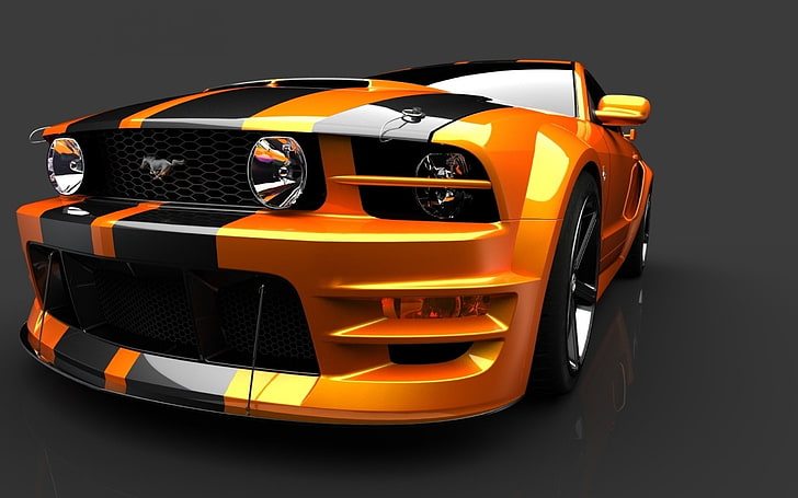 yellow and black Ford Mustang, car, mode of transportation, orange color