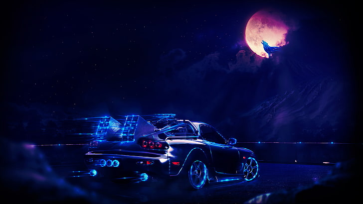 black car art, Back to the Future, machine, wolf, night, neon