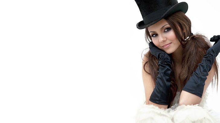 women's black top hat, pair of gloves, and white dress, Victoria Justice