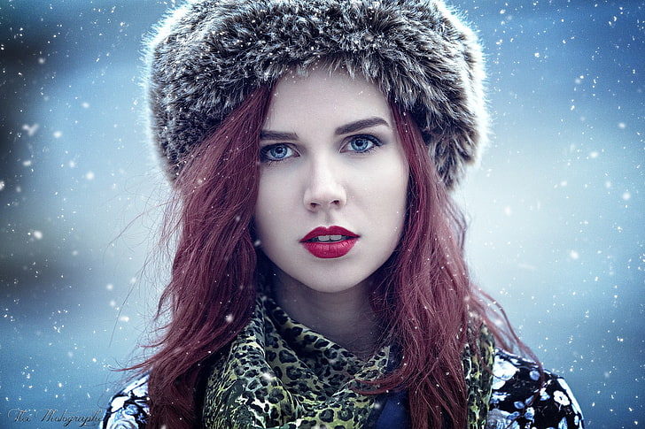 women, model, redhead, red lipstick, blue eyes, winter, portrait