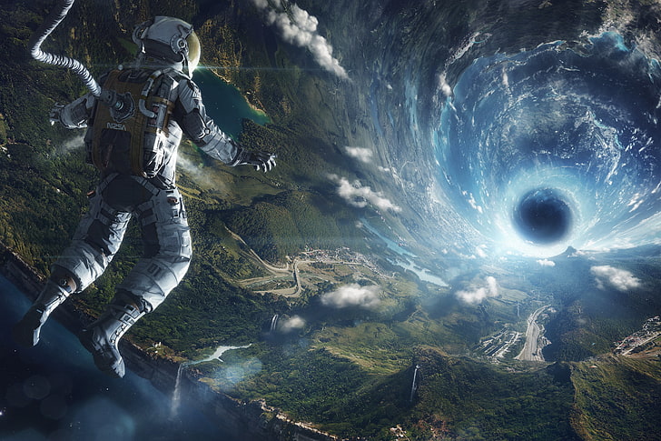 astronaut looking at hole in planet wallpaper, flight, earth, HD wallpaper