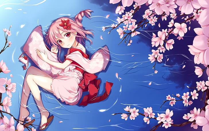 anime, anime girls, cherry blossom, pink hair, HD wallpaper