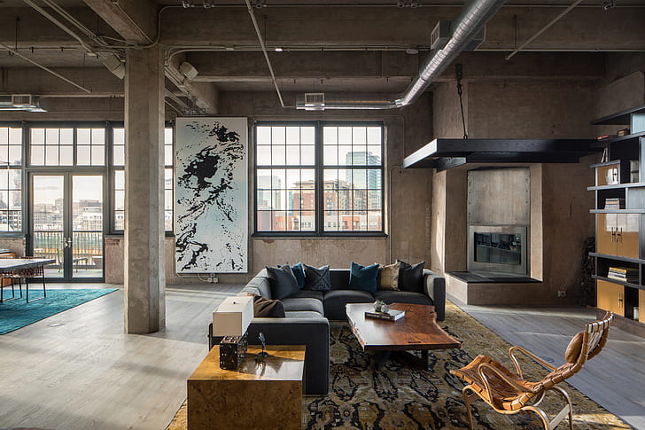 interior, fireplace, living room, Denver, Colorado, Industrial loft, HD wallpaper