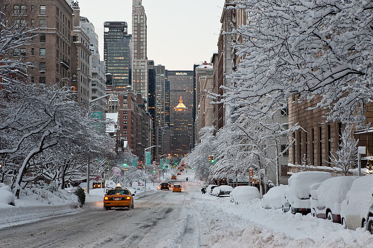 yellow taxi, city, the city, USA, NYC, winter, New_York, snow, HD wallpaper