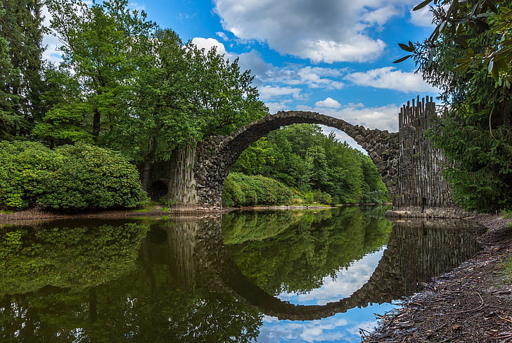 photography, clouds, bridge, trees, water, river, Germany, Stone Arch Bridge, HD wallpaper