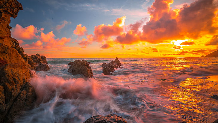 sea, shore, orange sky, ocean, horizon, sunset, rock, coast, HD wallpaper
