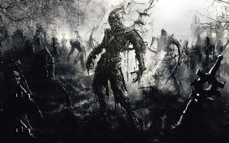 monster digital painting, zombies, fantasy, art, black And White, HD wallpaper