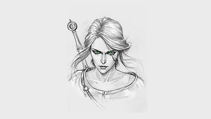 woman with sword sketch, The Witcher 3: Wild Hunt, fan art, green eyes