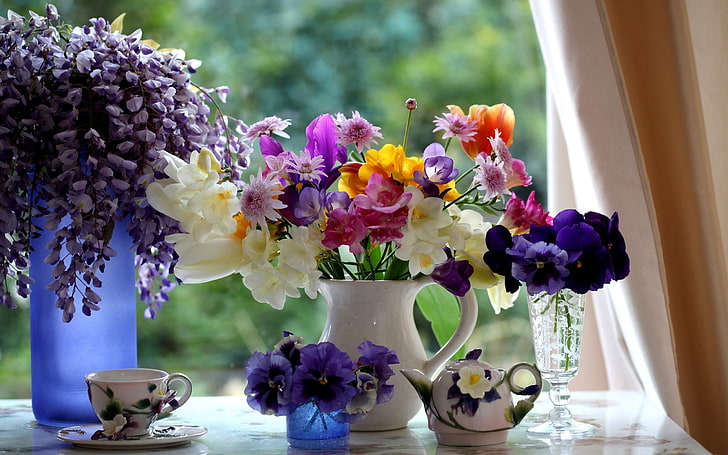 assorted flowers, bouquet, window sill, kettle, composition, vase