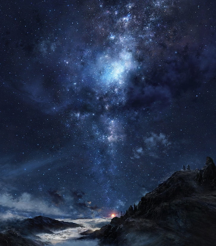 star and milky way, stars, galaxy, clouds, sky, nebula, mountains, HD wallpaper