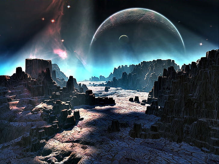 moon nebula alien world Space Planets HD Art, stars, rock formations, HD wallpaper
