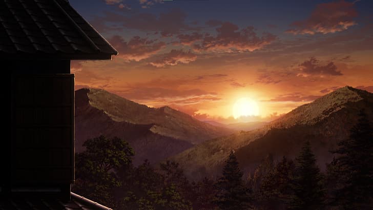 Kimetsu no Yaiba, nature, trees, mountains, sunset, Kanao Tsuyuri, HD wallpaper