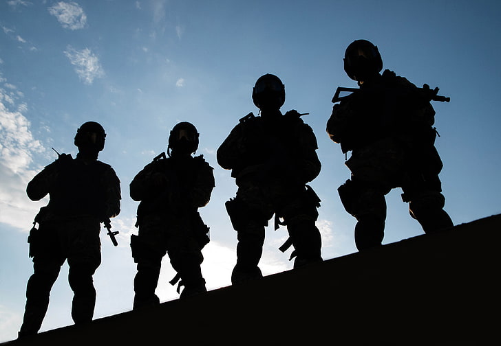 four soldier uniforms, weapons, silhouette, team, police, equipment, HD wallpaper
