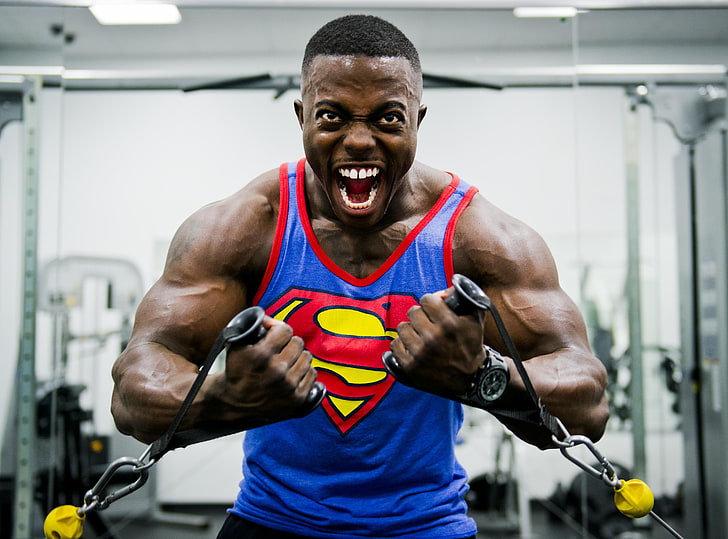 men's blue and red Superman tank top, bodybuilder, athlete, thrust