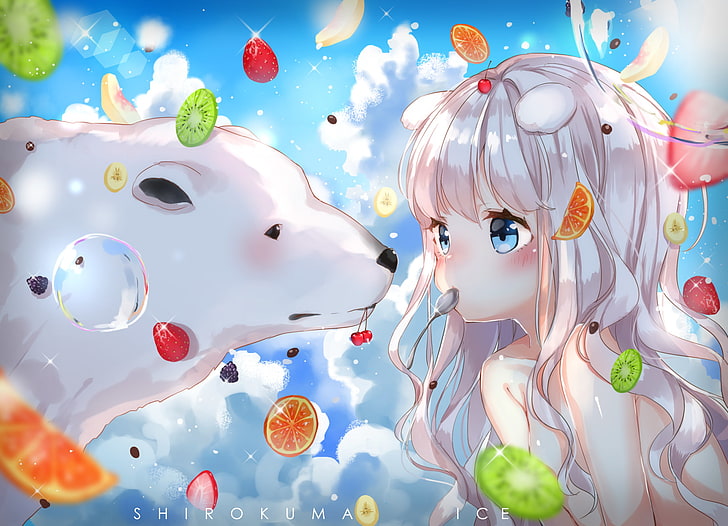 anime girl, loli, fruits, eating, white hair, representation, HD wallpaper