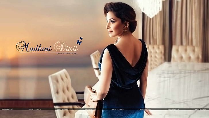Madhuri Dixit In Blue Dress, women's black sleeveless shirt, female celebrities, HD wallpaper