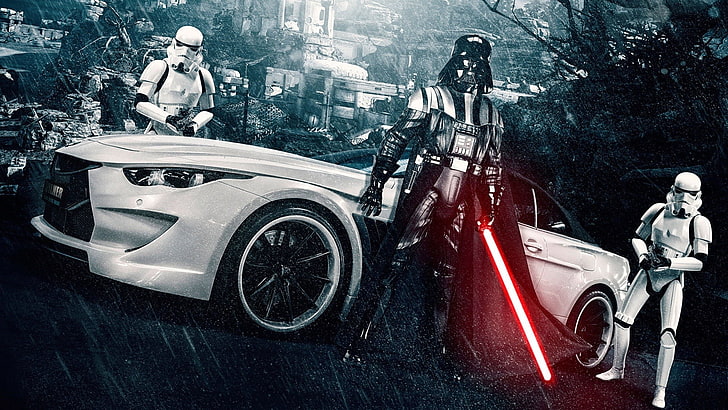 Star Wars Darth Vader illustration, car, stormtrooper, mode of transportation