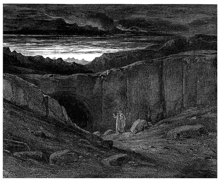 two people near cliff painting, The Divine Comedy, Dante's Inferno