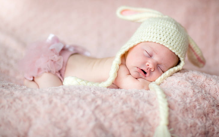 Baby infant face, baby's white knitted aviator hat, sweet, kid, HD wallpaper